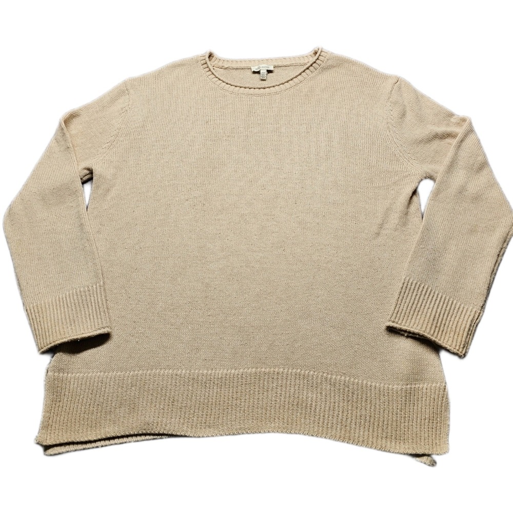 Ella Moss Sweater Womens Medium Beige Tight-Knit Crew Neck Sise Slit Pullover